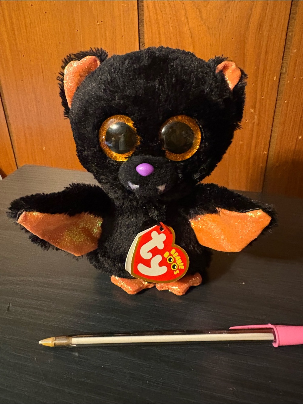 Ty Black Bat Plush with Orange Glitter Wings and Purple Nose